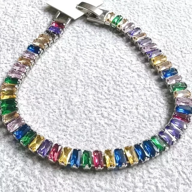 Pulsera Tenis para Ella Baguette Lab Creada Multicolor Zafiro Acero Inoxidable Foto 2 de 4