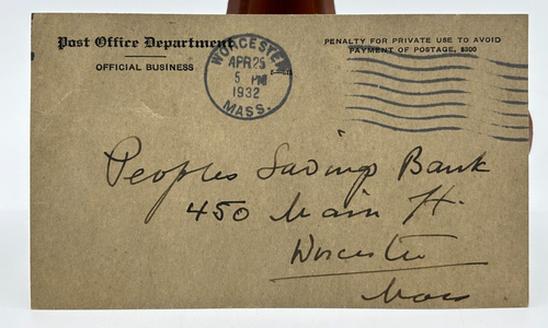 Business Postcard Mailed April 1932 USPS to Peoples Savings Bank Worcester MA