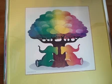 Stewart Moskowitz Art Print Rainbow Elephant Trees Trunk Up Children 70's Framed