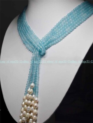 Long Charming 3 Strands 4mm Blue Aquamarine Beads & White Pearl Necklac 50 Inch