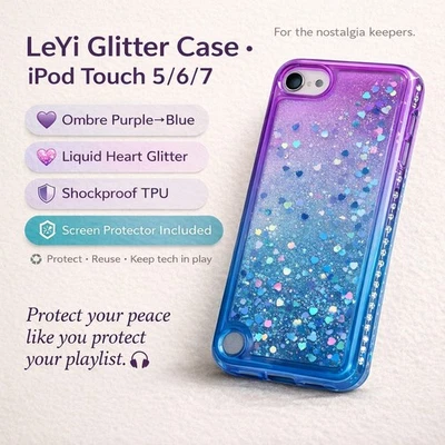LeYi Glitter Case iPod Touch 5/6/7 Ombre Purple-Blue Liquid Hearts + Glass