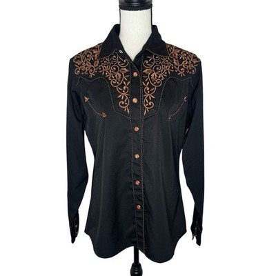Vintage Life Style Embroidered Floral Snap Pearl Button Up Shirt Women's Black