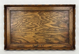 Antique Early 20th C Scalloped Oak Wood Gallery Serving Tray
