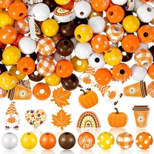 200 Pieces Fall Wooden Beads Pumpkin Maple Leaf Colorful Round Loose Spacer T...