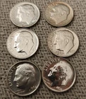 Lot of 6 Silver Roosevelt Dimes 1957, 1958, 1960 & 1964 90% Silver Mixed Dates