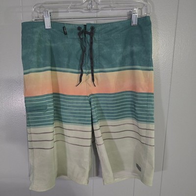 O'Neill Board Shorts Mens 30 Teal Orange Striped Good Stretch Swim Trunks