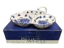 Vintage Cracker Barrel Blue & White Porcelain 3 Section Handled Floral Dish