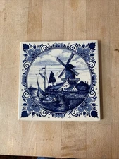 Delft Blauw hand painted Holland Windmill By Boat on Water Tile 6”x6”