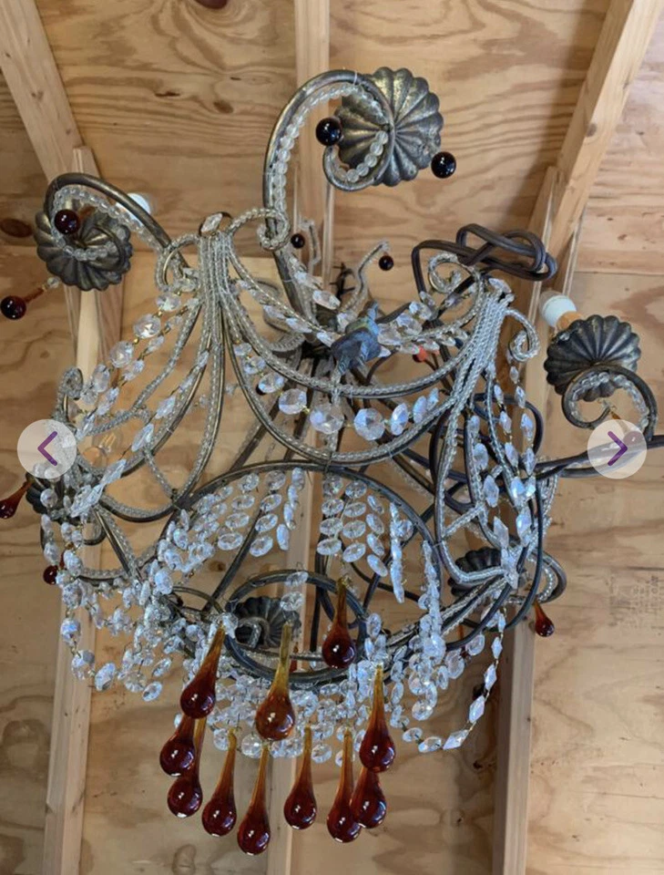 Lámpara de araña italiana vintage de 6 luces con cuentas de cristal de los años 40, transparente/naranja ámbar Foto 3 de 4