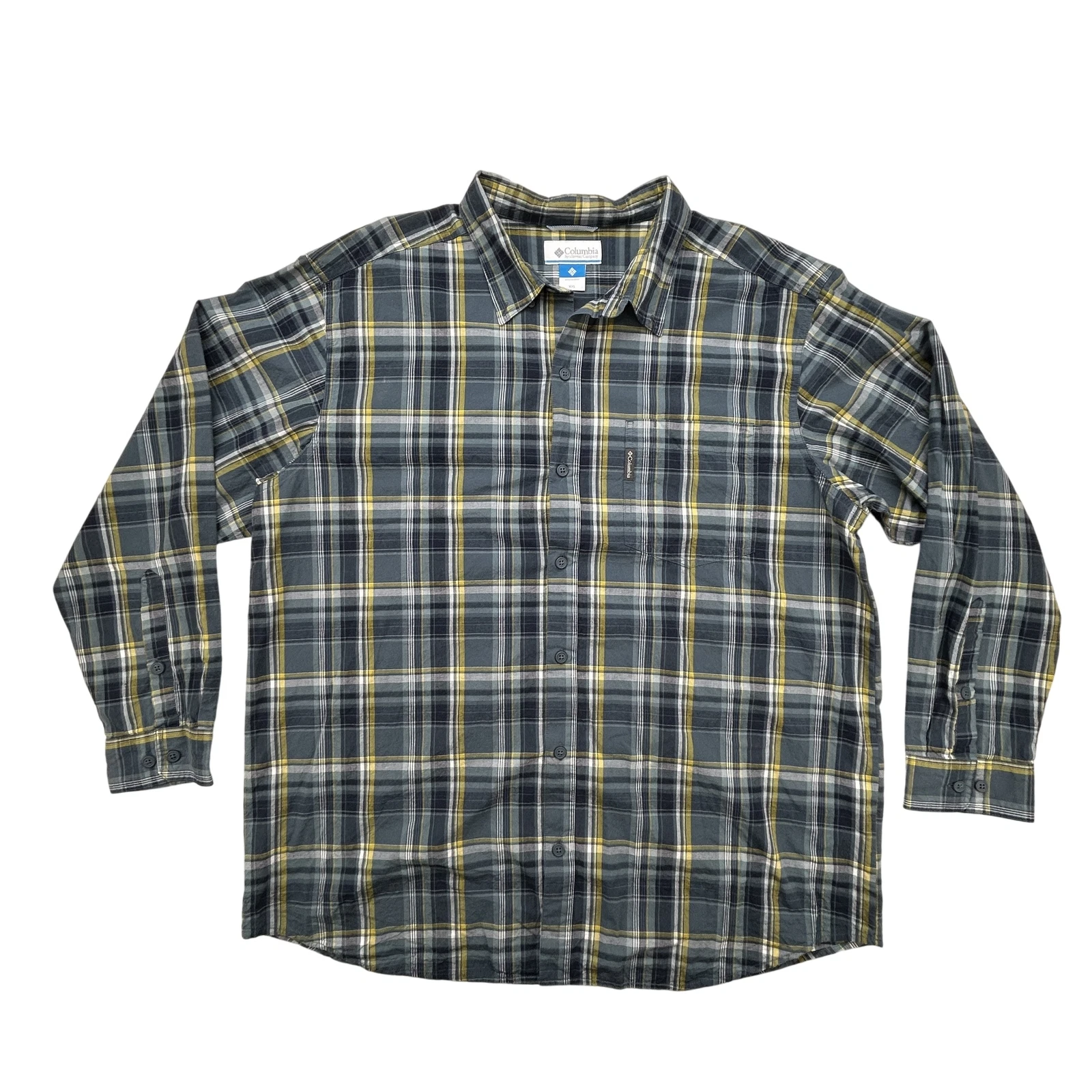 Columbia Shirt Mens 2XL Plaid Button Up Long Sleeve Outdoor Casual Gray Yellow