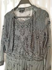 Pisarro Nights Beaded Mesh Gown with Jacket in Steel Women's Size 10 NWT