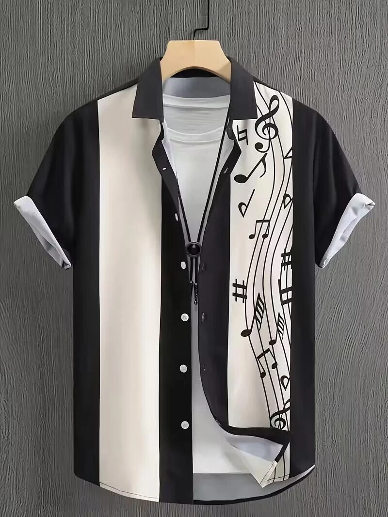Men Button Up Black White Musical Note Print Fashion Lapel Collar Shirt