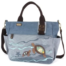 CHALA TURTLES Canvas Print Pocket Tote Detachable Crossbody Strap (Indigo) NWT
