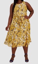Kasper Womens Yellow Floral Belted Midi Dress Plus Size 2X
