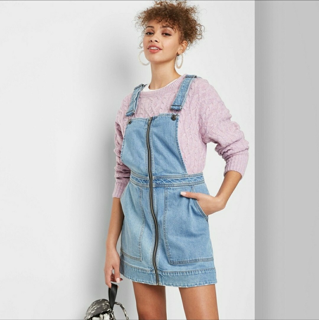 mini denim pinafore dress Size Small- Zip Front Square Neck Denim Pinafore Mini Dress Wild Fable