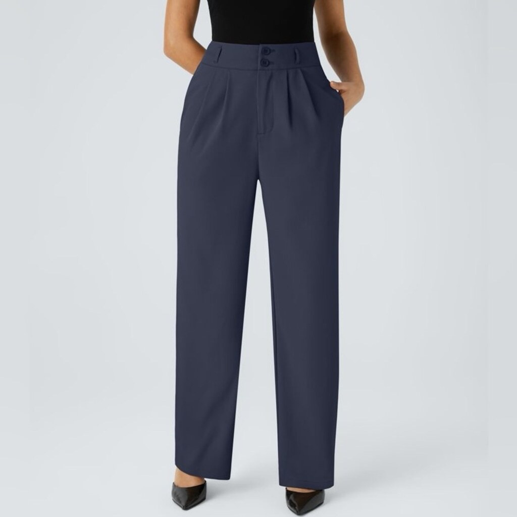Halara High Waisted Work Pants with Side Pockets and Shirred Straight Leg Design