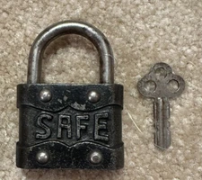 Antique 'SAFE' Padlock with Key Safe Vintage Lock