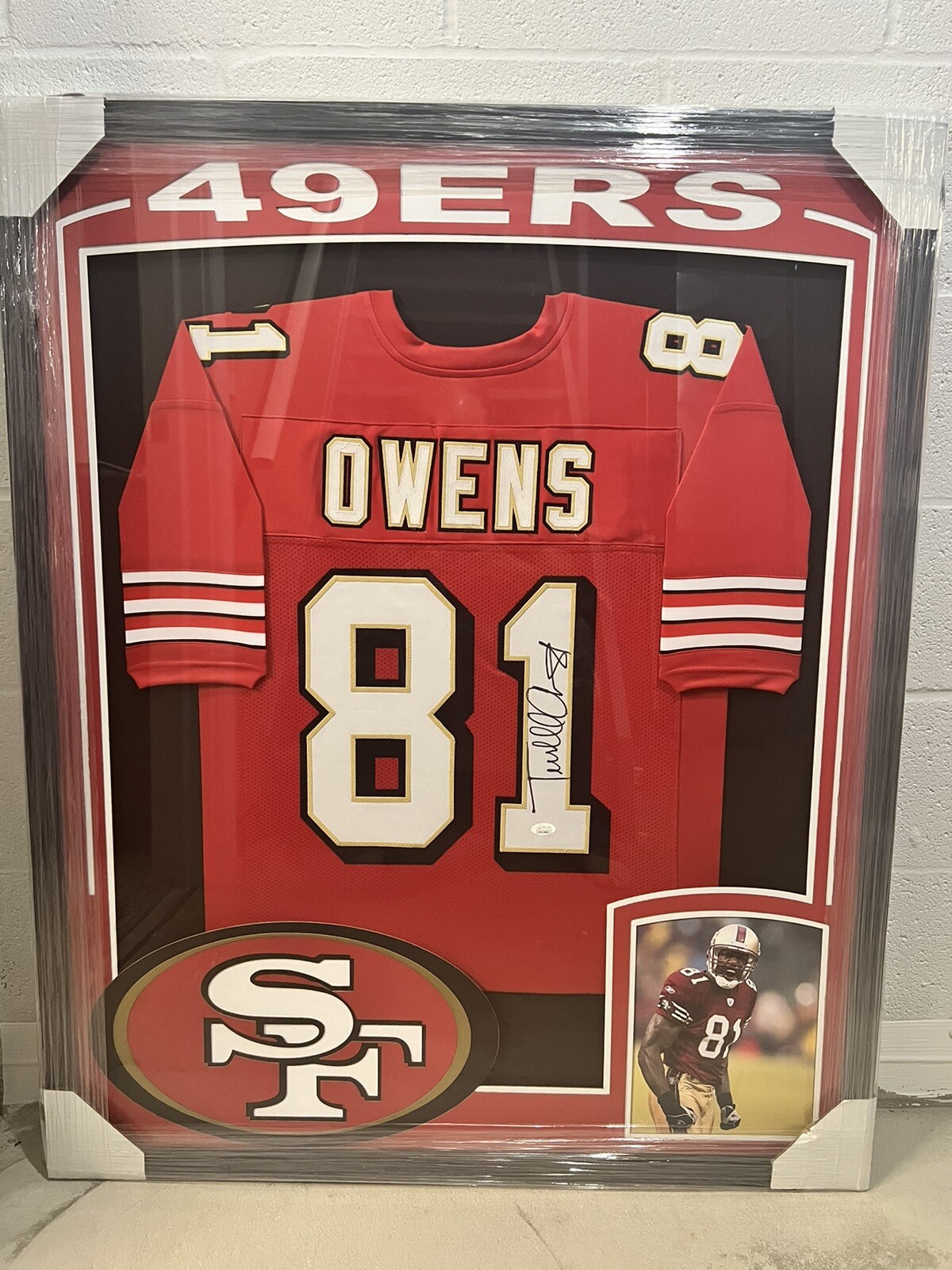 Framed Autographed/Signed Terrell Owens 35x43 San Francisco Red Jersey JSA COA