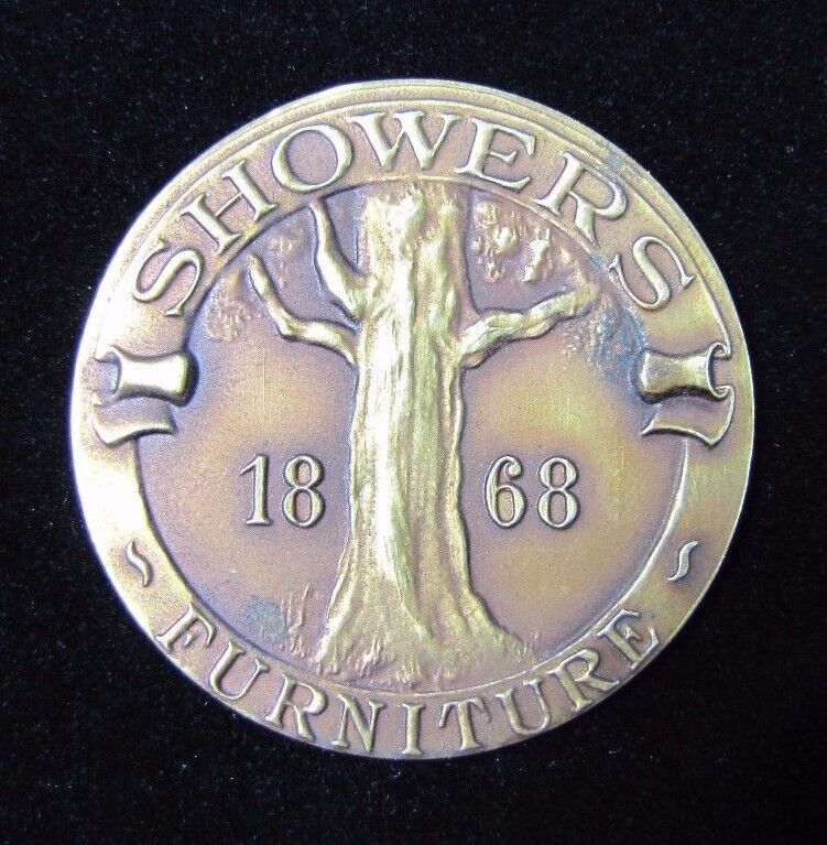 SHOWERS FURNITURE 1868 Old Advertising Nameplate Small Sign Embossed Name Tag