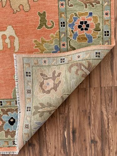Peach Oushak style Hand Knotted Wool Area Rug | Geometrical Turkish Oushak Rugs - Picture 5 of 5