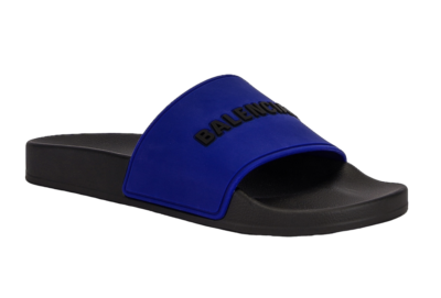 BALENCIAGA ネイビー サンダル Balenciaga Black Blue Bicolor Rubber Logo Slide On Pool Sandal