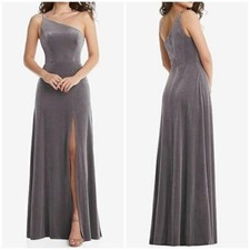 NWT After Six One Shoulder Spaghetti Strap Velvet Maxi Dress Gown Caviar Gray 8