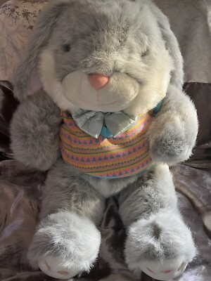 Vintage White/GR Rabbit Plush in Sweater Vest Easter Bunny Large Stuffed Animal