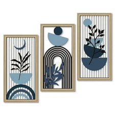 Boho Abstract Wall Art, Set of 3, Modern Botanical Wooden Wall Decor, Blue Mi...