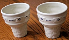 2Longaberger Pottery Ivory "Woven Traditions" Classic Blue Ice Cream Cone Dishes