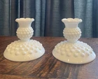 2 VTG FENTON 3 1/2” H White Hobnail Milk Glass Taper Candle Holders 1958-1966