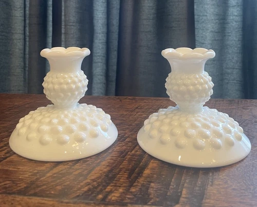 2 VTG FENTON 3 1/2” H White Hobnail Milk Glass Taper Candle Holders 1958-1966