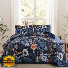 Yiran Navy Sunflower Quilt Set King - Botanical 3 Pc Bedding, 106x90"