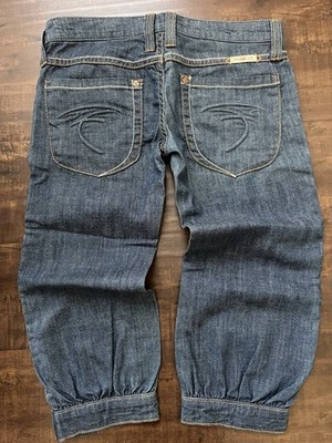 NWT FRANKIE b Y2K Ultra Low Retro Denim Capri Shorts DEADSTOCK F LOGO sz 2 28  W