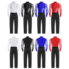 Mens Dancewear Rumba Set Jazz Dance Outfit Waltz Mesh And Long Pants Leotard