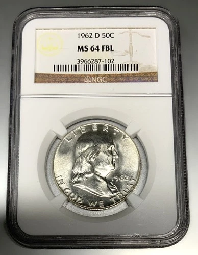1962-D Franklin Half Dollar NGC MS64 FBL 90% Frosty Bright White 50c - P307