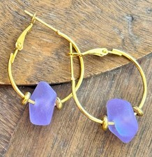Summer Gold and Frosted Lavender Sea Glass Hoop Earrings for Beach Lovers.