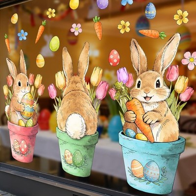 Farmhouse Easter Decorations Window Clings: Extra Large Cute Bunny in the Potted