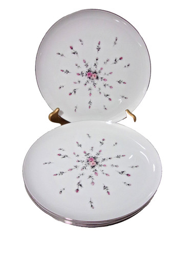 Harmony House ROSEBUD Dinner Plates 10 3/8" Set of 5 Dawn Grey Pink Rose Japan