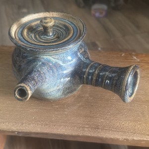 Japanese Kyusu Teapot Double Spout Ceramic Blue & Light Brown Glaze With Lid