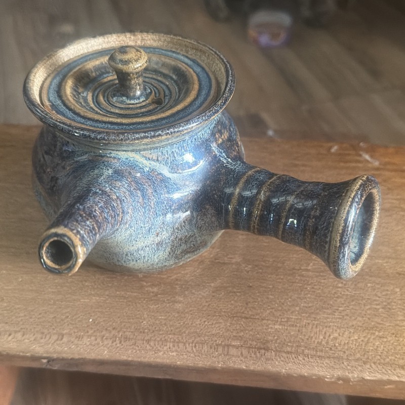 Japanese Kyusu Teapot Double Spout Ceramic Blue & Light Brown Glaze With Lid