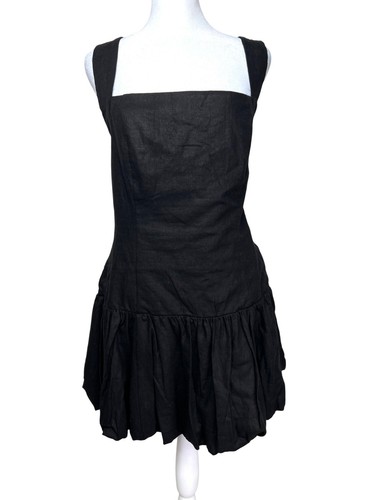 House Of Harlow Black Halter Smocked Linen Blend Bubble Hem Mini Dress Large - Picture 8 of 14