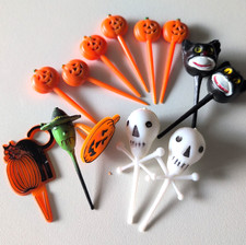 Vntg Halloween Cake Picks Lot Witch Pumpkin Black Cat Skulls Plastic Party Decor