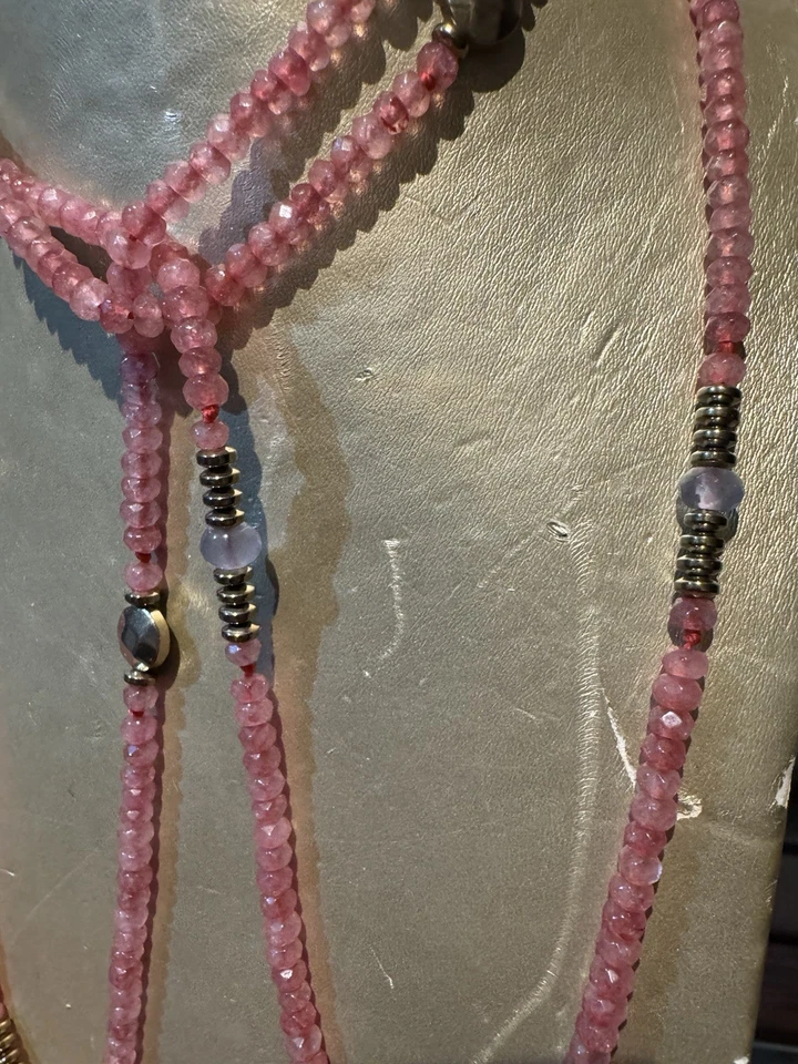 Collana In Tormalina Rosa Con Distanziali In Oro 9 Kt  Ed argento 800 Dorato - Immagine 3 di 4