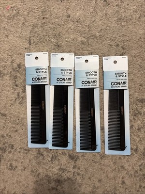 Set of 4 Conair Smooth & Style Dressing Combs - Black Plastic Hair Combs #93504Z