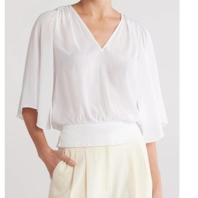 Ramy Brook Elexa White VNeck Blouse Top Smocked Elastic Waist Flutter Sleeves XS