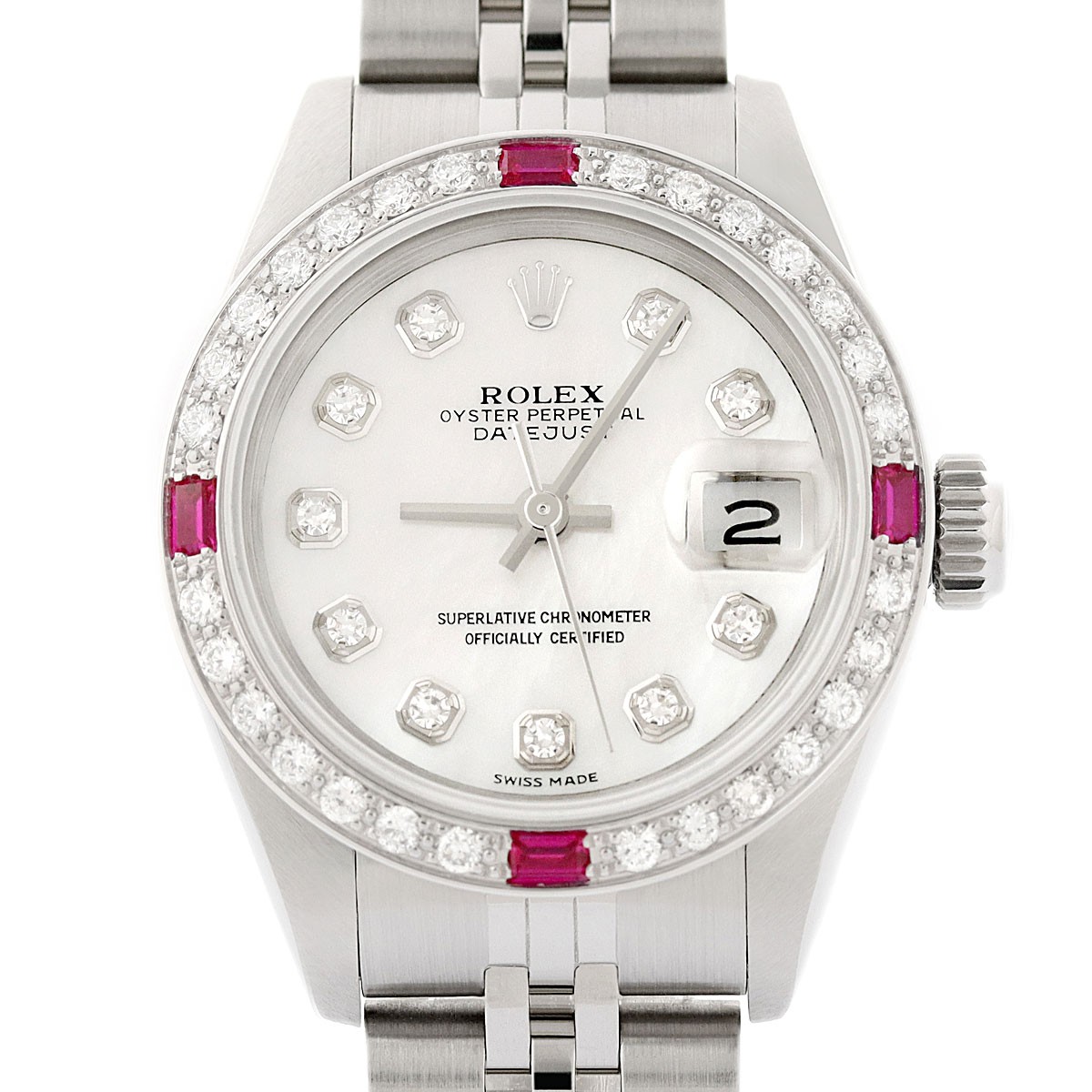 Rolex Datejust White Mother of Pearl Diamond Ruby 18K Gold & SS