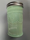 Green Glass Canister Jar w/ Embossed Floral Pattern & Silver Screw Lid 5.25" — photo 2