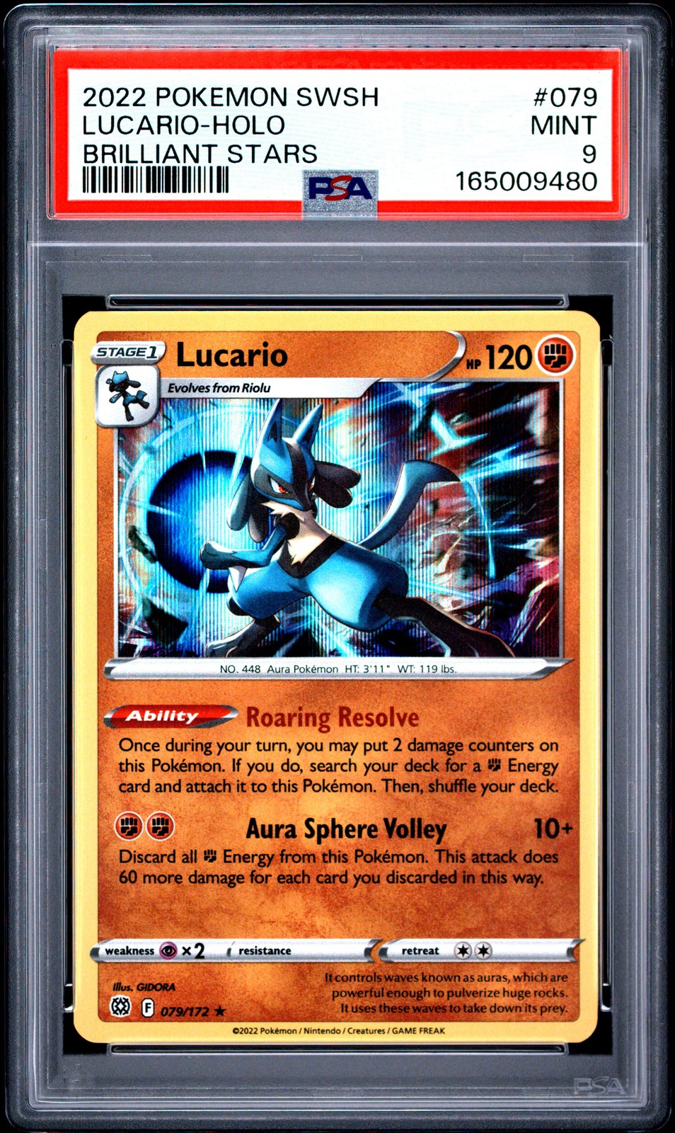 2022 POKEMON SWORD & SHIELD BRILLIANT STARS #079 LUCARIO-HOLO PSA 9