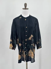 Citron Black Asian Print Silk Cotton Tunic Top 0X Button Lightweight 3/4 Sleeve