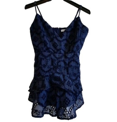 Chicways Navy Blue Eyelet Embroidered Sleeveless Strap Tiered Mini Dress  Large